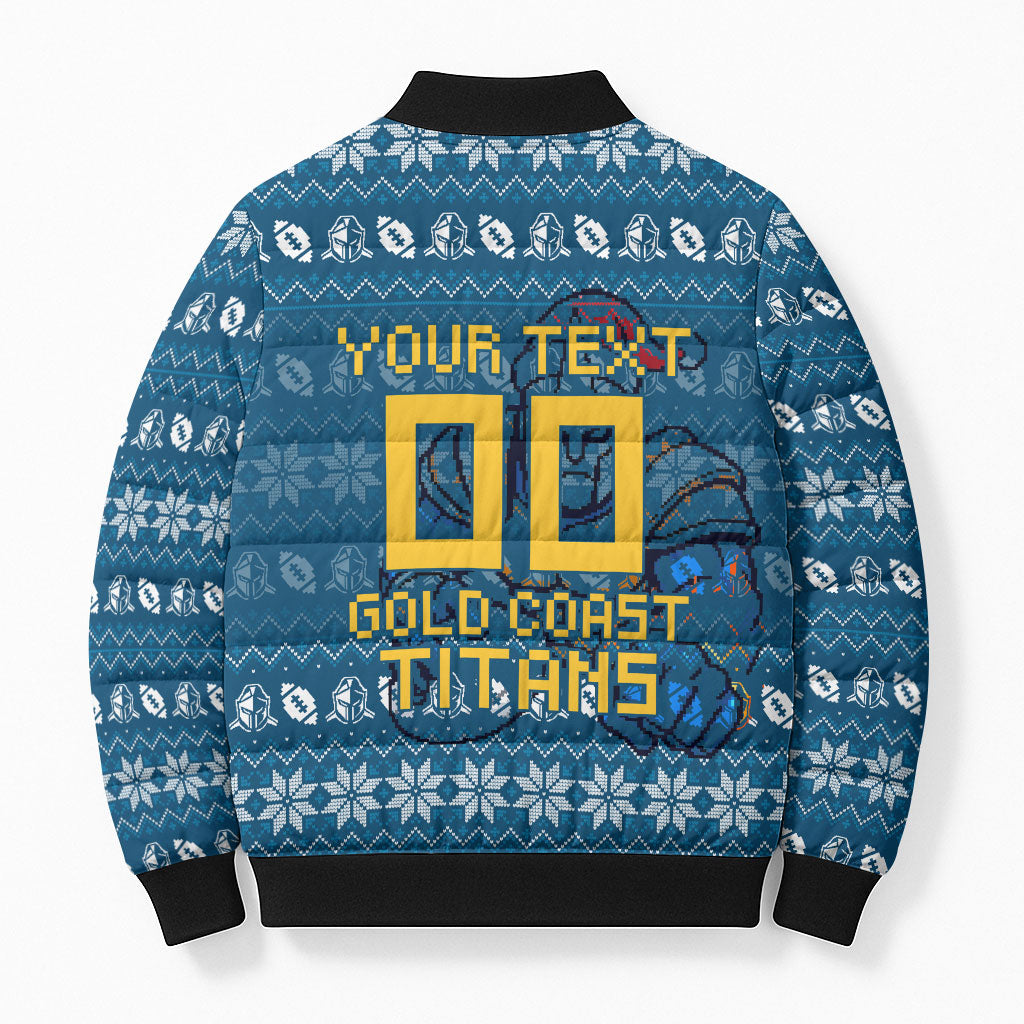 Personalized Gold Coast Titans Christmas Bomber Puffer Jacket Australian Rugby Fans - Pixelated Ugly Xmas Pattern Mascot Santa
