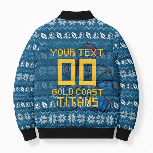 Personalized Gold Coast Titans Christmas Bomber Puffer Jacket Australian Rugby Fans - Pixelated Ugly Xmas Pattern Mascot Santa