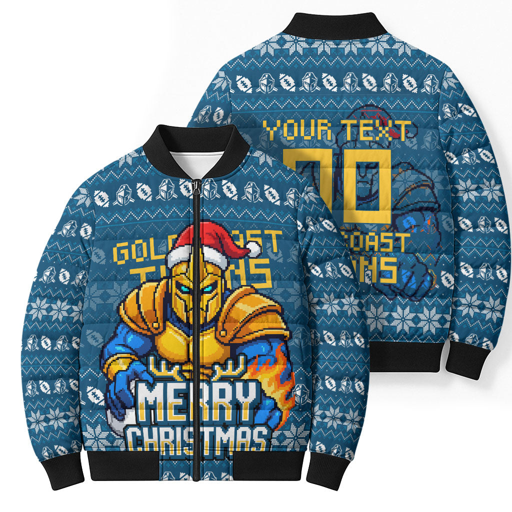 Personalized Gold Coast Titans Christmas Bomber Puffer Jacket Australian Rugby Fans - Pixelated Ugly Xmas Pattern Mascot Santa