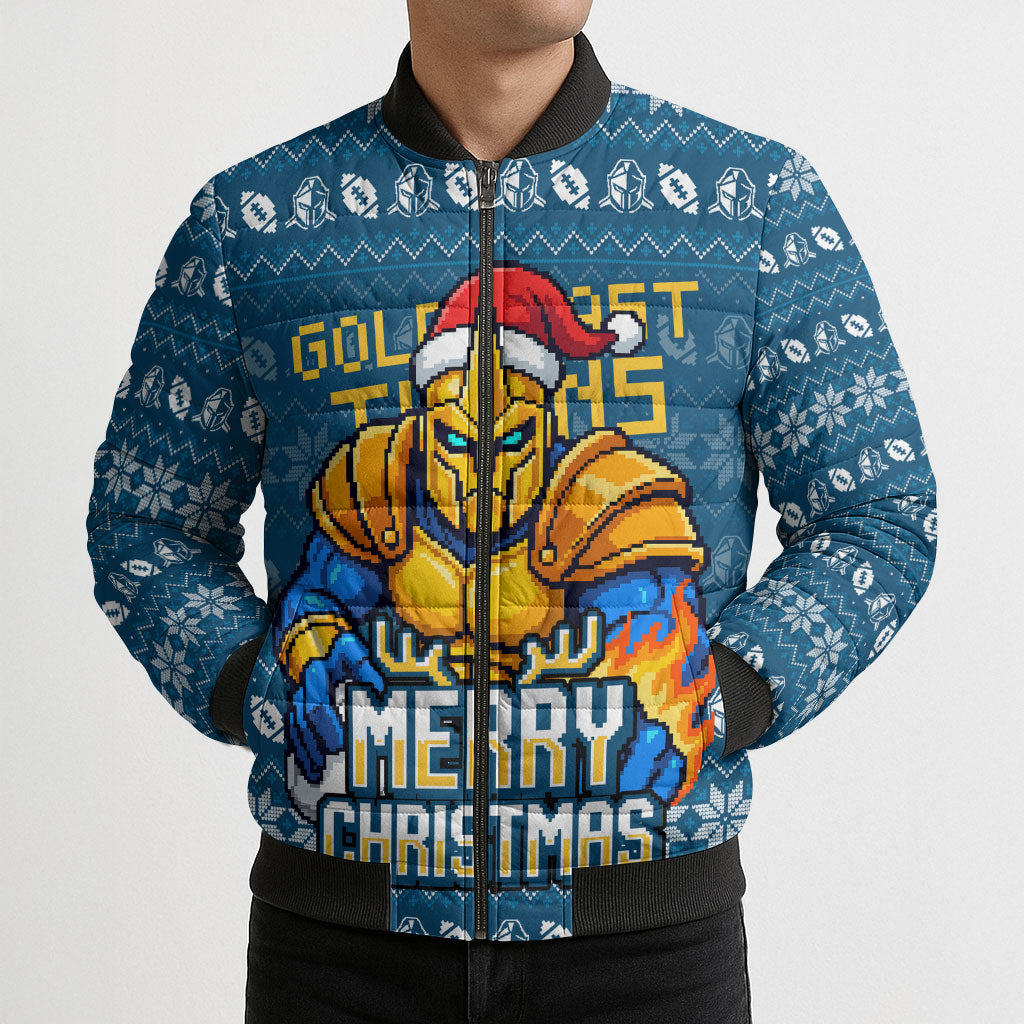 Personalized Gold Coast Titans Christmas Bomber Puffer Jacket Australian Rugby Fans - Pixelated Ugly Xmas Pattern Mascot Santa