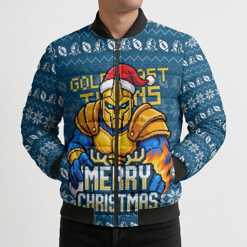 Personalized Gold Coast Titans Christmas Bomber Puffer Jacket Australian Rugby Fans - Pixelated Ugly Xmas Pattern Mascot Santa