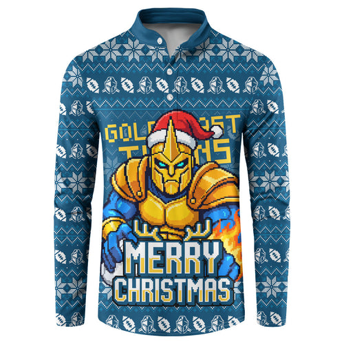 Personalized Gold Coast Titans Christmas Button Sweatshirt Australian Rugby Fans - Pixelated Ugly Xmas Pattern Mascot Santa