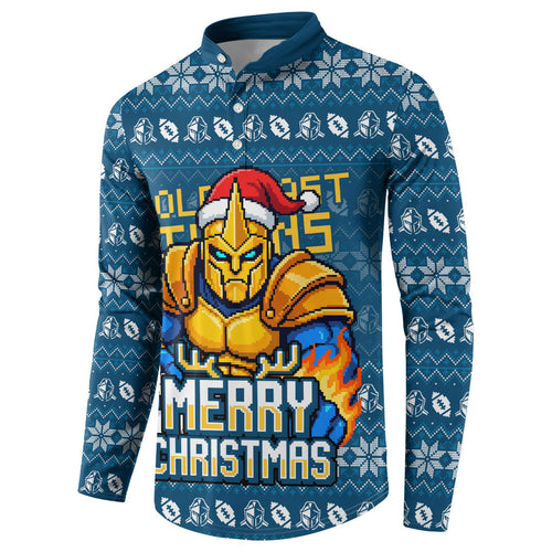 Personalized Gold Coast Titans Christmas Button Sweatshirt Australian Rugby Fans - Pixelated Ugly Xmas Pattern Mascot Santa