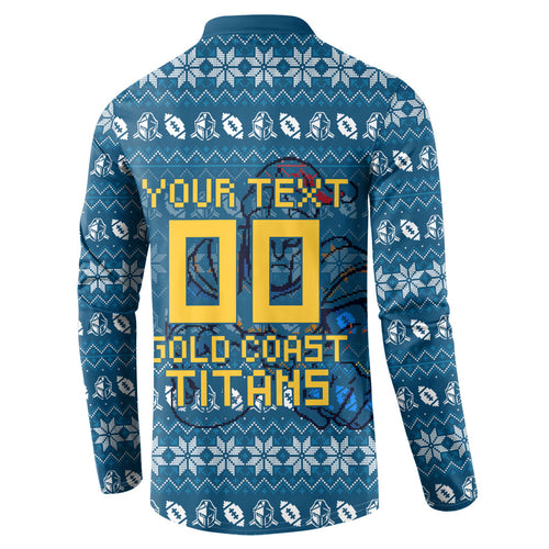 Personalized Gold Coast Titans Christmas Button Sweatshirt Australian Rugby Fans - Pixelated Ugly Xmas Pattern Mascot Santa