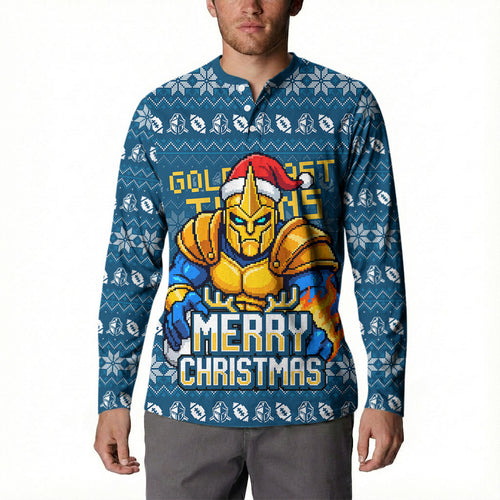Personalized Gold Coast Titans Christmas Button Sweatshirt Australian Rugby Fans - Pixelated Ugly Xmas Pattern Mascot Santa