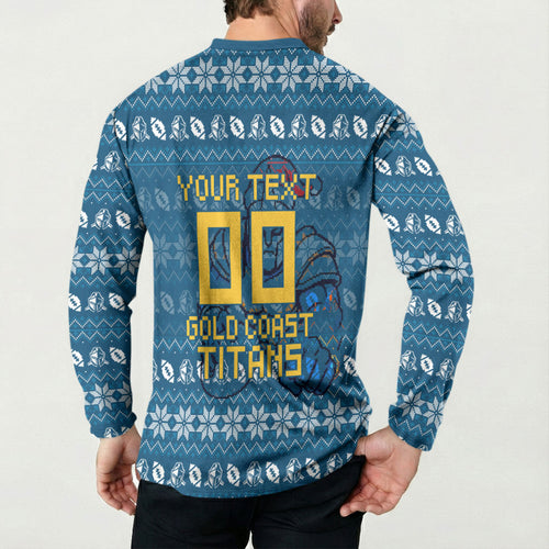 Personalized Gold Coast Titans Christmas Button Sweatshirt Australian Rugby Fans - Pixelated Ugly Xmas Pattern Mascot Santa