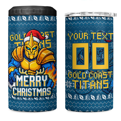 Personalized Gold Coast Titans Christmas 4 in 1 Can Cooler Tumbler Australian Rugby Fans - Pixelated Ugly Xmas Pattern Mascot Santa