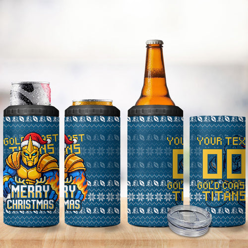 Personalized Gold Coast Titans Christmas 4 in 1 Can Cooler Tumbler Australian Rugby Fans - Pixelated Ugly Xmas Pattern Mascot Santa