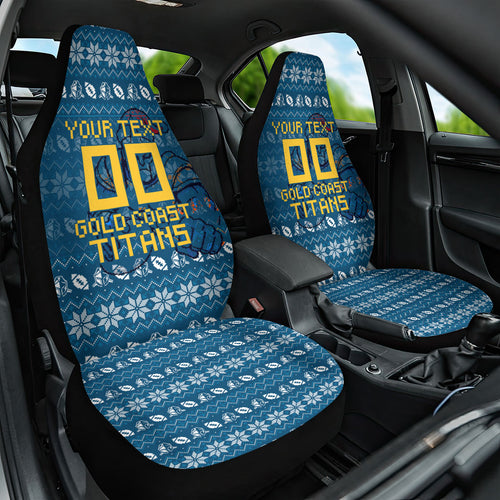 Personalized Gold Coast Titans Christmas Car Seat Cover Australian Rugby Fans - Pixelated Ugly Xmas Pattern Mascot Santa