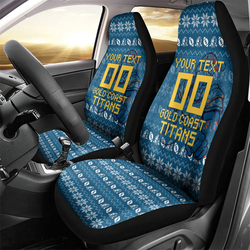 Personalized Gold Coast Titans Christmas Car Seat Cover Australian Rugby Fans - Pixelated Ugly Xmas Pattern Mascot Santa