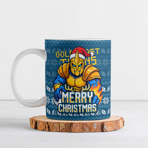 Personalized Gold Coast Titans Christmas Ceramic Mug Australian Rugby Fans - Pixelated Ugly Xmas Pattern Mascot Santa