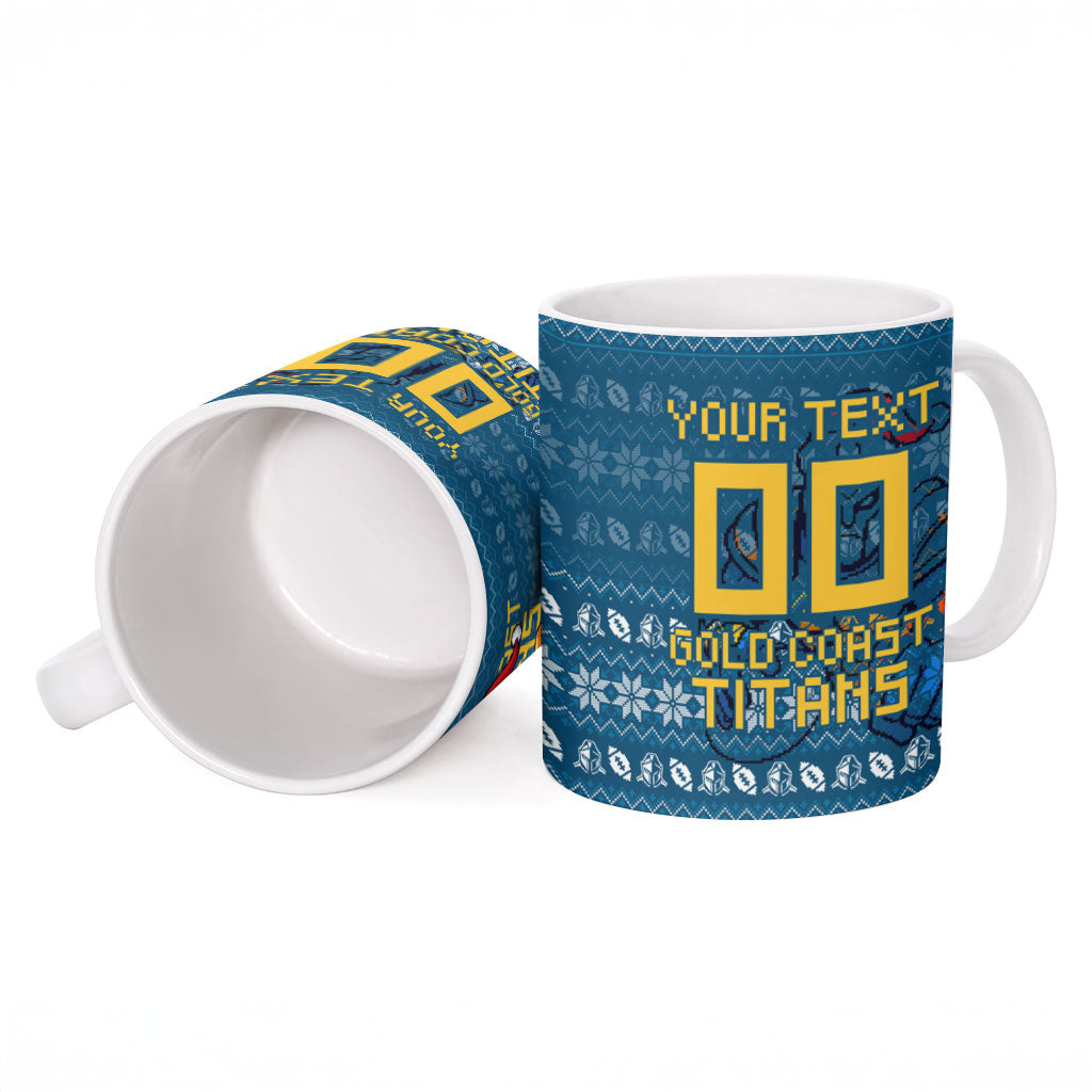 Personalized Gold Coast Titans Christmas Ceramic Mug Australian Rugby Fans - Pixelated Ugly Xmas Pattern Mascot Santa