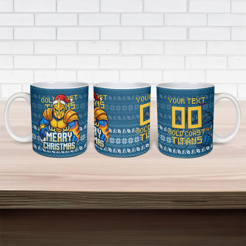 Personalized Gold Coast Titans Christmas Ceramic Mug Australian Rugby Fans - Pixelated Ugly Xmas Pattern Mascot Santa