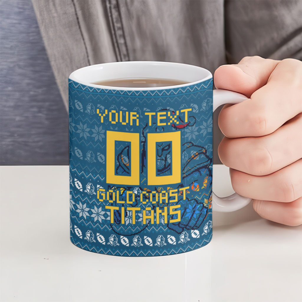 Personalized Gold Coast Titans Christmas Ceramic Mug Australian Rugby Fans - Pixelated Ugly Xmas Pattern Mascot Santa