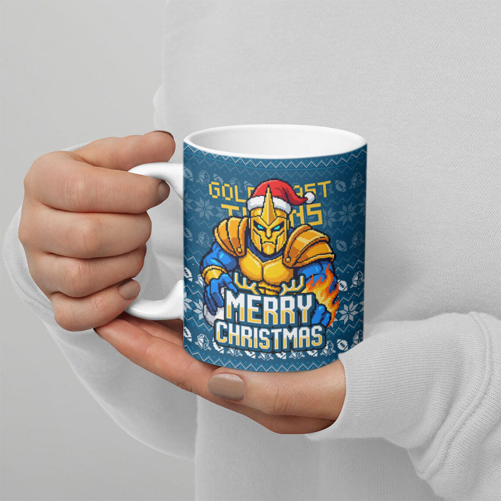 Personalized Gold Coast Titans Christmas Ceramic Mug Australian Rugby Fans - Pixelated Ugly Xmas Pattern Mascot Santa