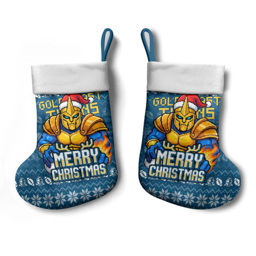 Gold Coast Titans Christmas Stocking Australian Rugby Fans - Pixelated Ugly Xmas Pattern Mascot Santa