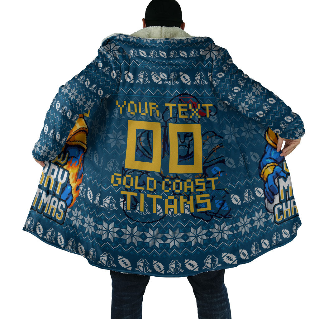 Personalized Gold Coast Titans Christmas Cloak Australian Rugby Fans - Pixelated Ugly Xmas Pattern Mascot Santa
