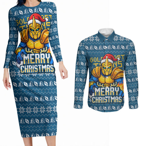 Personalized Gold Coast Titans Christmas Couples Matching Long Sleeve Bodycon Dress and Long Sleeve Button Shirt Australian Rugby Fans - Pixelated Ugly Xmas Pattern Mascot Santa