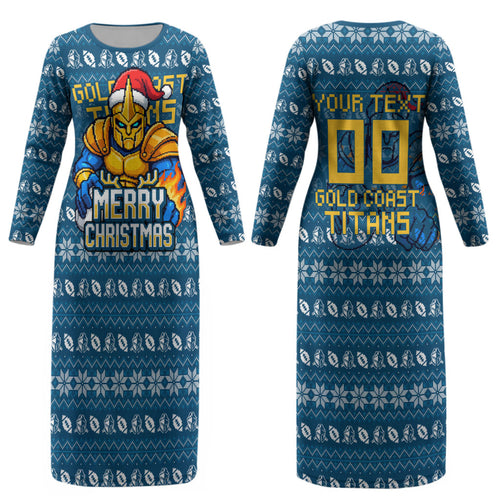 Personalized Gold Coast Titans Christmas Couples Matching Long Sleeve Bodycon Dress and Long Sleeve Button Shirt Australian Rugby Fans - Pixelated Ugly Xmas Pattern Mascot Santa