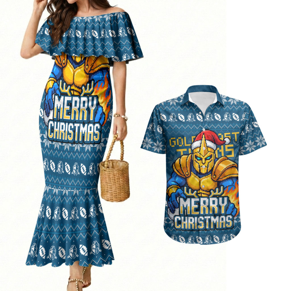 Personalized Gold Coast Titans Christmas Couples Matching Mermaid Dress and Hawaiian Shirt Australian Rugby Fans - Pixelated Ugly Xmas Pattern Mascot Santa