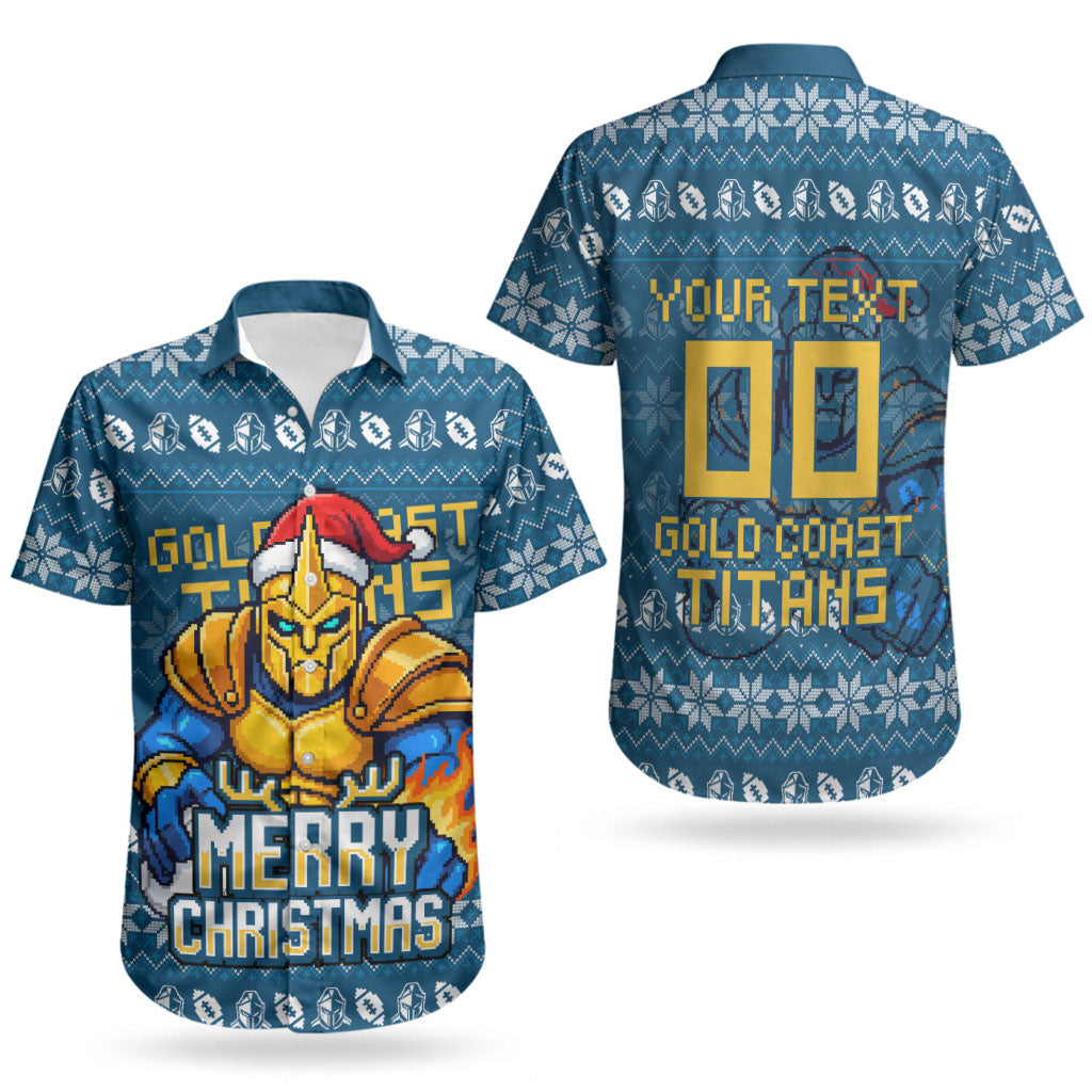 Personalized Gold Coast Titans Christmas Couples Matching Mermaid Dress and Hawaiian Shirt Australian Rugby Fans - Pixelated Ugly Xmas Pattern Mascot Santa