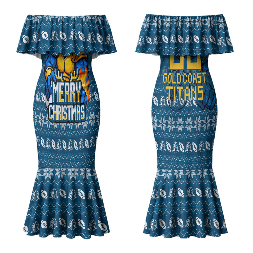 Personalized Gold Coast Titans Christmas Couples Matching Mermaid Dress and Hawaiian Shirt Australian Rugby Fans - Pixelated Ugly Xmas Pattern Mascot Santa