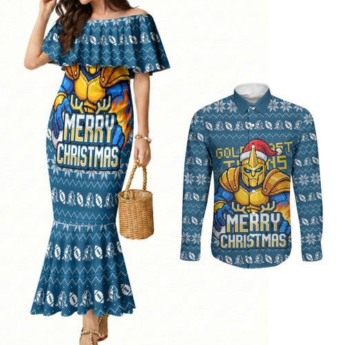 Personalized Gold Coast Titans Christmas Couples Matching Mermaid Dress and Long Sleeve Button Shirt Australian Rugby Fans - Pixelated Ugly Xmas Pattern Mascot Santa