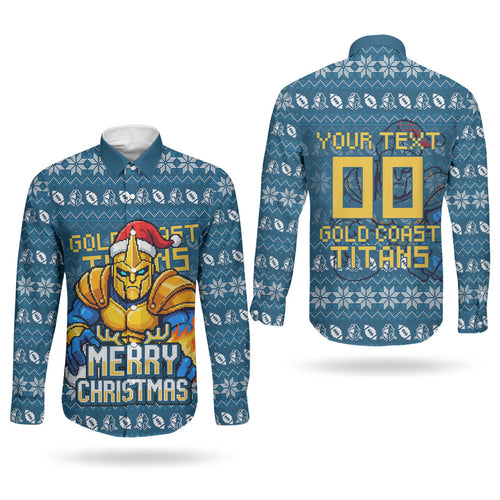 Personalized Gold Coast Titans Christmas Couples Matching Mermaid Dress and Long Sleeve Button Shirt Australian Rugby Fans - Pixelated Ugly Xmas Pattern Mascot Santa