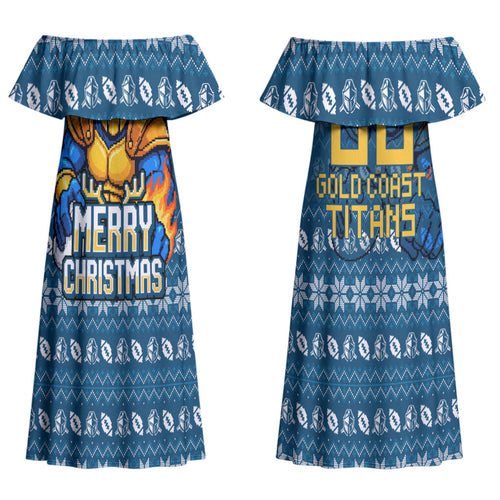 Personalized Gold Coast Titans Christmas Couples Matching Off Shoulder Maxi Dress and Hawaiian Shirt Australian Rugby Fans - Pixelated Ugly Xmas Pattern Mascot Santa