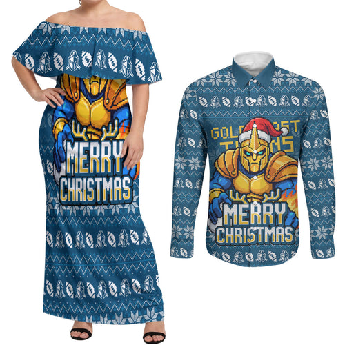 Personalized Gold Coast Titans Christmas Couples Matching Off Shoulder Maxi Dress and Long Sleeve Button Shirt Australian Rugby Fans - Pixelated Ugly Xmas Pattern Mascot Santa