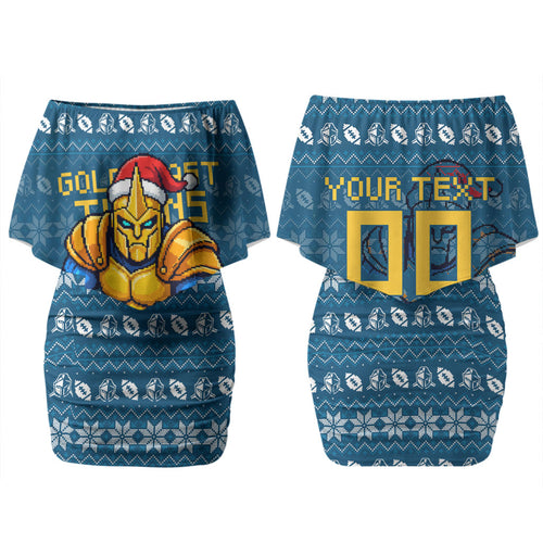 Personalized Gold Coast Titans Christmas Couples Matching Off Shoulder Short Dress and Long Sleeve Button Shirt Australian Rugby Fans - Pixelated Ugly Xmas Pattern Mascot Santa