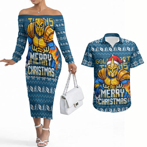 Personalized Gold Coast Titans Christmas Couples Matching Off The Shoulder Long Sleeve Dress and Hawaiian Shirt Australian Rugby Fans - Pixelated Ugly Xmas Pattern Mascot Santa