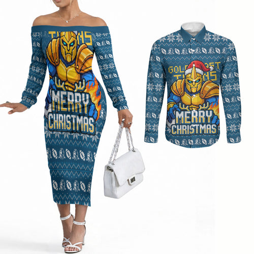 Personalized Gold Coast Titans Christmas Couples Matching Off The Shoulder Long Sleeve Dress and Long Sleeve Button Shirt Australian Rugby Fans - Pixelated Ugly Xmas Pattern Mascot Santa