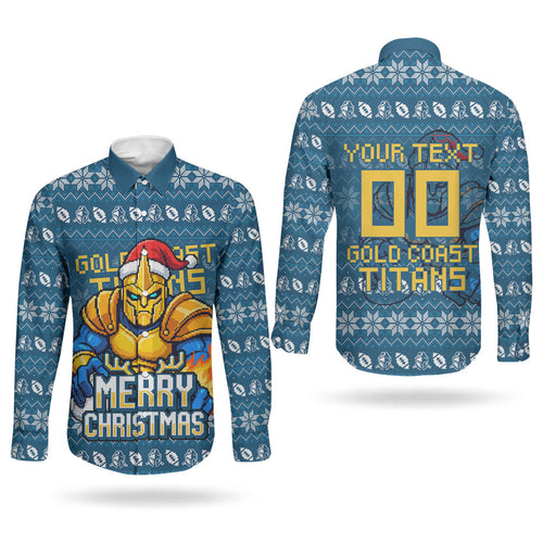 Personalized Gold Coast Titans Christmas Couples Matching Off The Shoulder Long Sleeve Dress and Long Sleeve Button Shirt Australian Rugby Fans - Pixelated Ugly Xmas Pattern Mascot Santa