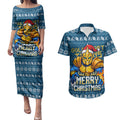 Personalized Gold Coast Titans Christmas Couples Matching Puletasi and Hawaiian Shirt Australian Rugby Fans - Pixelated Ugly Xmas Pattern Mascot Santa