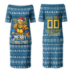 Personalized Gold Coast Titans Christmas Couples Matching Puletasi and Hawaiian Shirt Australian Rugby Fans - Pixelated Ugly Xmas Pattern Mascot Santa