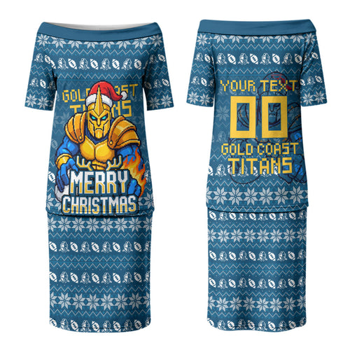 Personalized Gold Coast Titans Christmas Couples Matching Puletasi and Hawaiian Shirt Australian Rugby Fans - Pixelated Ugly Xmas Pattern Mascot Santa