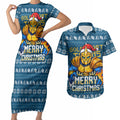 Personalized Gold Coast Titans Christmas Couples Matching Short Sleeve Bodycon Dress and Hawaiian Shirt Australian Rugby Fans - Pixelated Ugly Xmas Pattern Mascot Santa