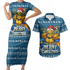 Personalized Gold Coast Titans Christmas Couples Matching Short Sleeve Bodycon Dress and Hawaiian Shirt Australian Rugby Fans - Pixelated Ugly Xmas Pattern Mascot Santa