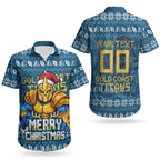 Personalized Gold Coast Titans Christmas Couples Matching Short Sleeve Bodycon Dress and Hawaiian Shirt Australian Rugby Fans - Pixelated Ugly Xmas Pattern Mascot Santa