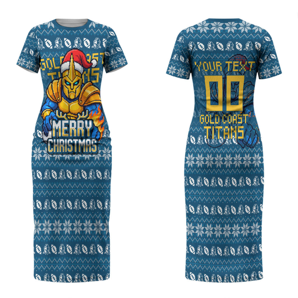 Personalized Gold Coast Titans Christmas Couples Matching Short Sleeve Bodycon Dress and Hawaiian Shirt Australian Rugby Fans - Pixelated Ugly Xmas Pattern Mascot Santa