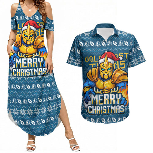 Personalized Gold Coast Titans Christmas Couples Matching Summer Maxi Dress and Hawaiian Shirt Australian Rugby Fans - Pixelated Ugly Xmas Pattern Mascot Santa