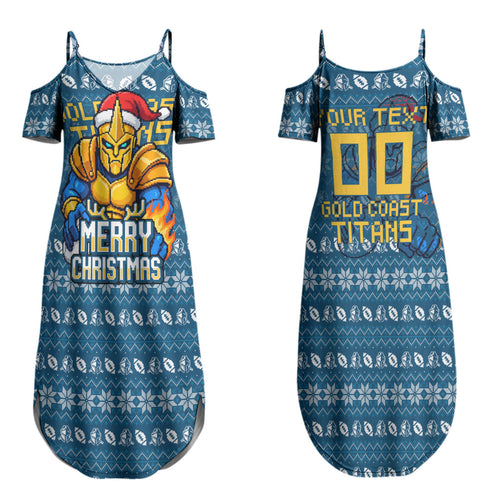 Personalized Gold Coast Titans Christmas Couples Matching Summer Maxi Dress and Hawaiian Shirt Australian Rugby Fans - Pixelated Ugly Xmas Pattern Mascot Santa