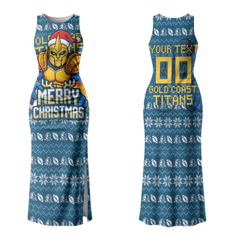 Personalized Gold Coast Titans Christmas Couples Matching Tank Maxi Dress and Long Sleeve Button Shirt Australian Rugby Fans - Pixelated Ugly Xmas Pattern Mascot Santa
