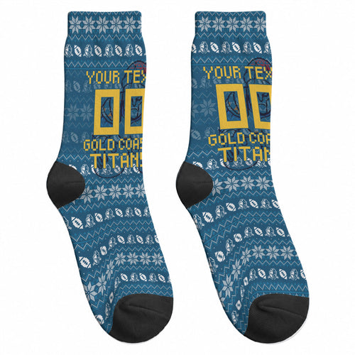Personalized Gold Coast Titans Christmas Crew Socks Australian Rugby Fans - Pixelated Ugly Xmas Pattern Mascot Santa