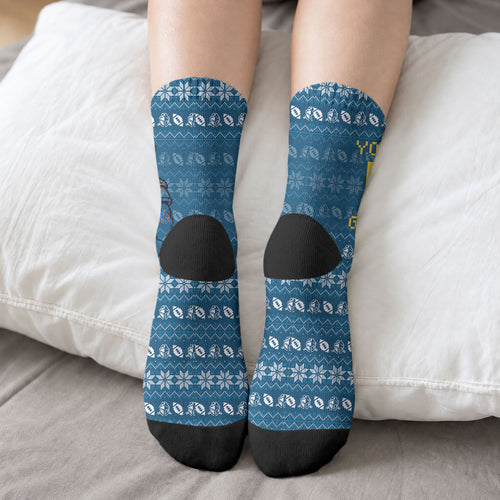 Personalized Gold Coast Titans Christmas Crew Socks Australian Rugby Fans - Pixelated Ugly Xmas Pattern Mascot Santa