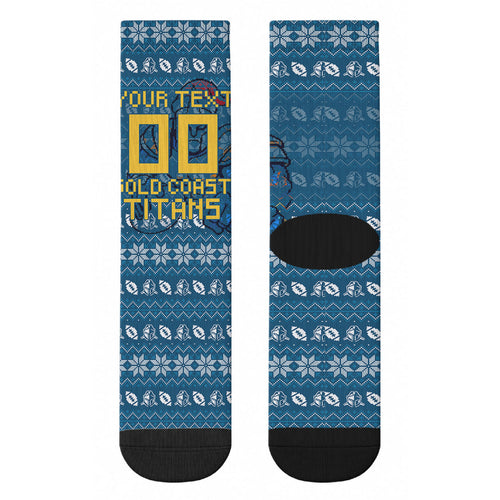 Personalized Gold Coast Titans Christmas Crew Socks Australian Rugby Fans - Pixelated Ugly Xmas Pattern Mascot Santa