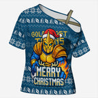 Personalized Gold Coast Titans Christmas Cross Shoulder Shirt Australian Rugby Fans - Pixelated Ugly Xmas Pattern Mascot Santa