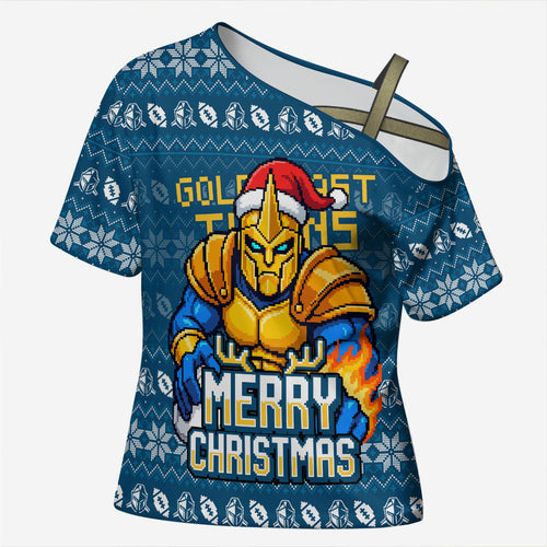 Personalized Gold Coast Titans Christmas Cross Shoulder Shirt Australian Rugby Fans - Pixelated Ugly Xmas Pattern Mascot Santa