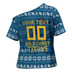 Personalized Gold Coast Titans Christmas Cross Shoulder Shirt Australian Rugby Fans - Pixelated Ugly Xmas Pattern Mascot Santa